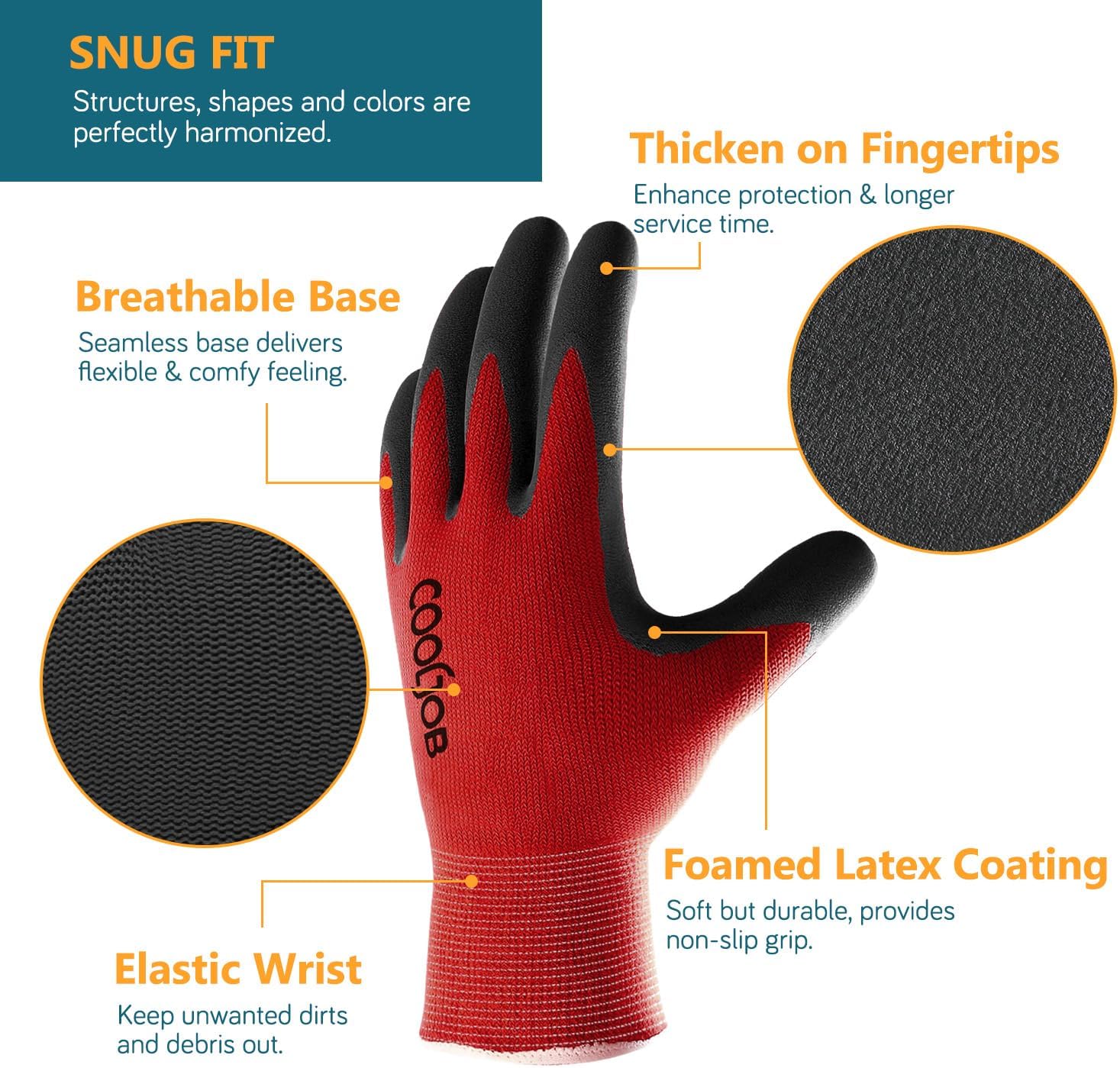 COOLJOB Gardening Gloves for Men. 2 Pairs Breathable Rubber Coated for Garden Weeding Landscaping. Outside Work for Lawn Yard. Men's Medium Size. Black & Red