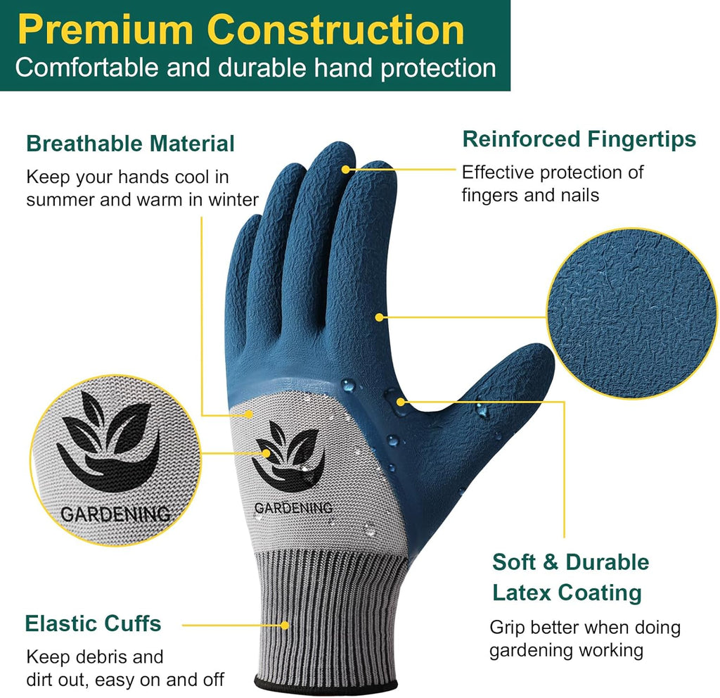 Trifabricy Garden Gloves for Women Men - 6 Pairs Breathable Hard-wearing Latex Coated Gardening Gloves for Women. Indoor/Outdoor Protective Working Gloves with Grip. Blue & Grey