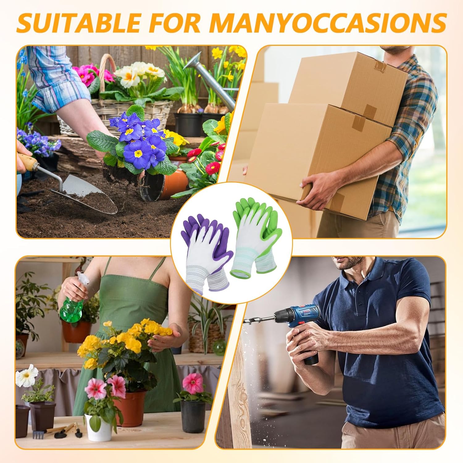 Thinp 2 Pairs Gardening Gloves. Outdoor Work Garden Gloves Breathable Rubber Coated Outdoor Protective Yard Glove with Grip for Women Men Garden Essentials (Green. Purple)