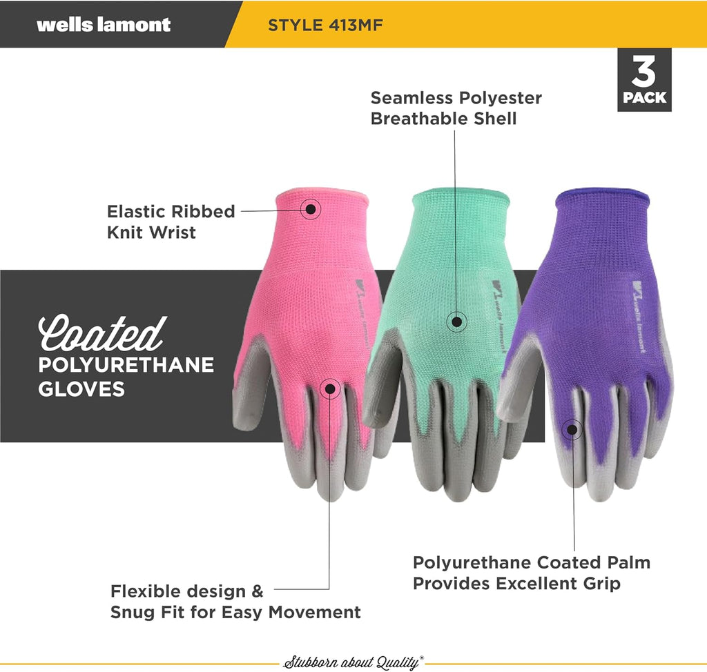 Wells Lamont Gardening Gloves for Women – Breathable Polyester. Seamless Fit – PU-Coated Palm for Grip & Durability – Elastic Wrist – Pink/Green/Purple. Medium. Pack of 3 (413MF)